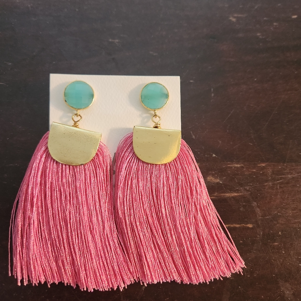 Audrey Allman designs pink fringe earrings
